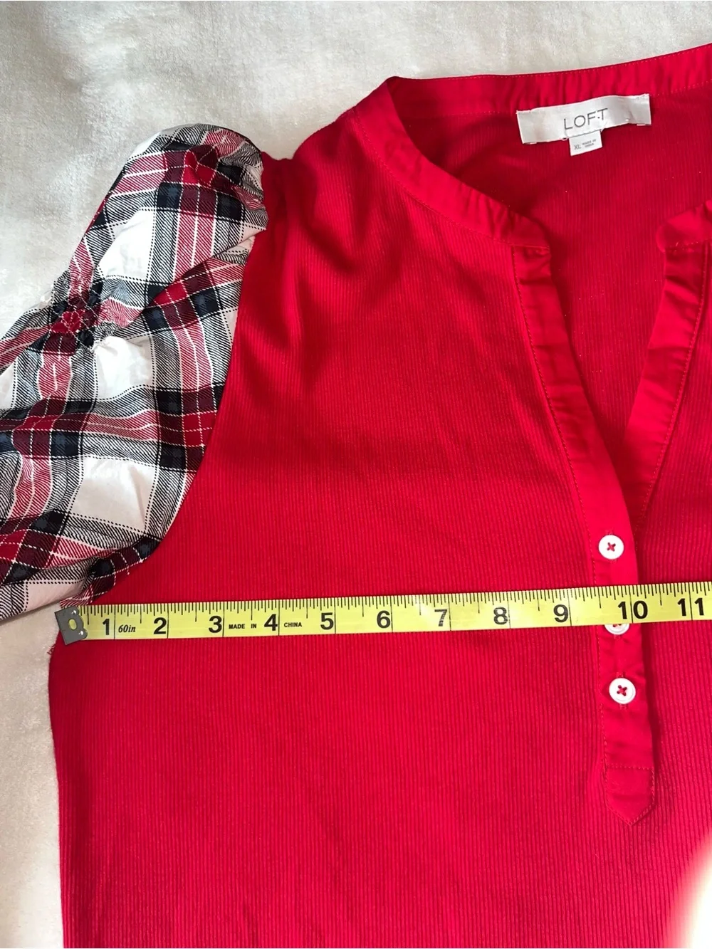 LOFT Red Henley Top with Plaid Puff Sleeves Mixed Media V Neck Buttons Sz XL